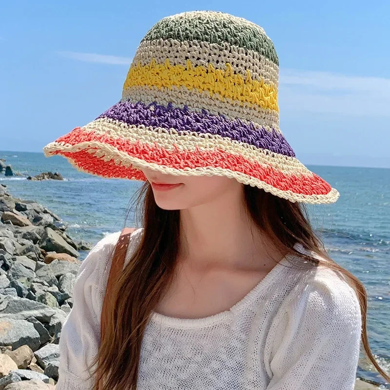 Rainbow Straw Hat Woman Sun Visor Handmade Crochet Big Brim Bucket Hat Ladies Beach Sun Cap Boho Caps