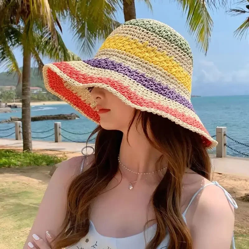 Rainbow Straw Hat Woman Sun Visor Handmade Crochet Big Brim Bucket Hat Ladies Beach Sun Cap Boho Caps