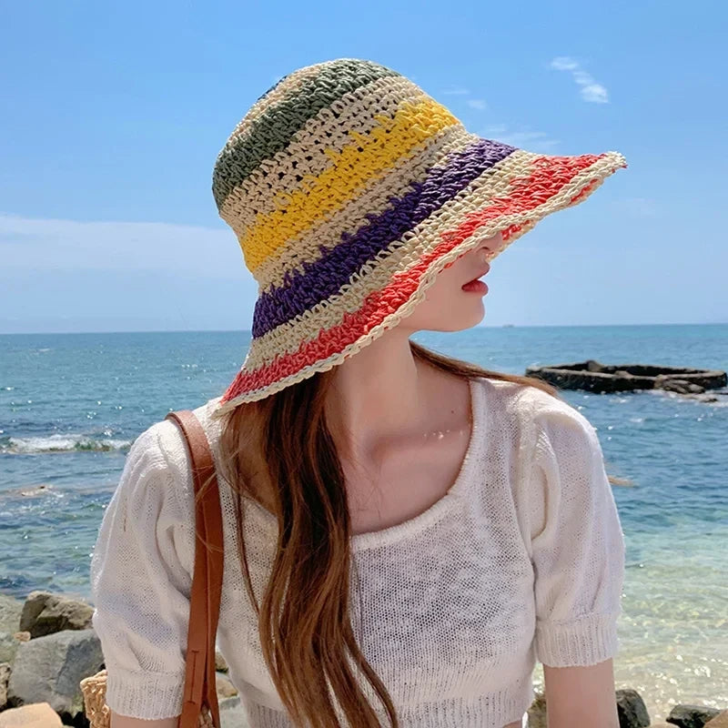 Rainbow Straw Hat Woman Sun Visor Handmade Crochet Big Brim Bucket Hat Ladies Beach Sun Cap Boho Caps