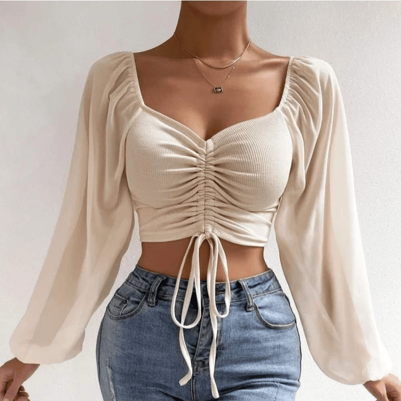 Women Mesh Lantern Sleeves Drawstring Wrap Chest Bare Midriff T Shirt Women Long Sleeves Bottoming