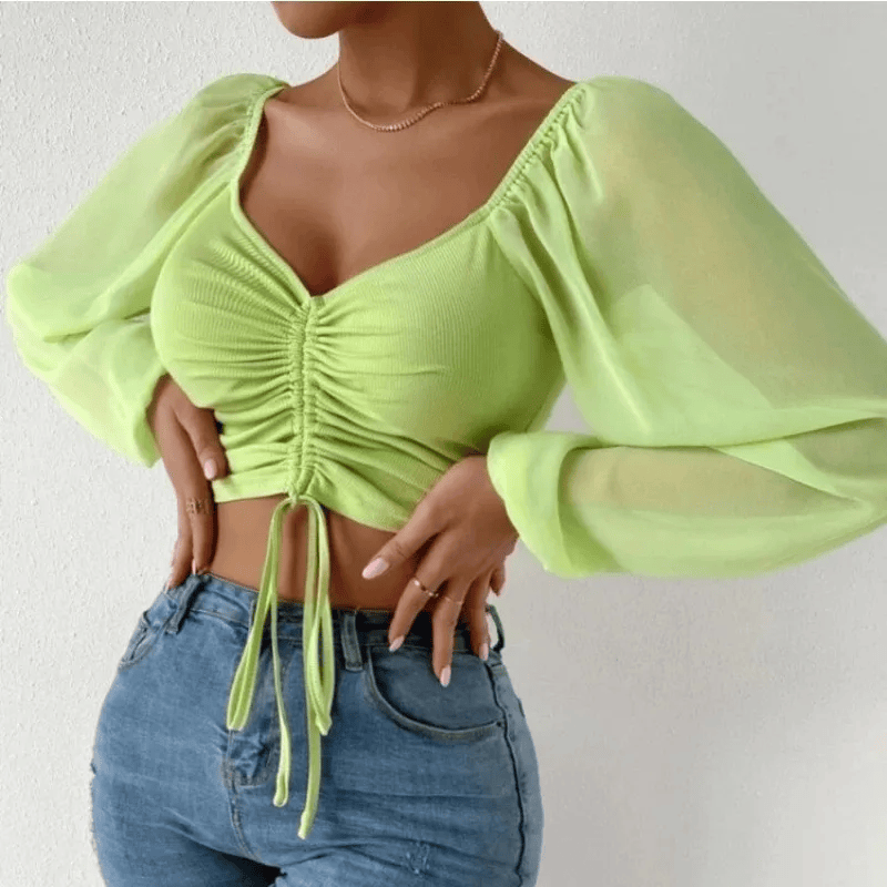 Women Mesh Lantern Sleeves Drawstring Wrap Chest Bare Midriff T Shirt Women Long Sleeves Bottoming