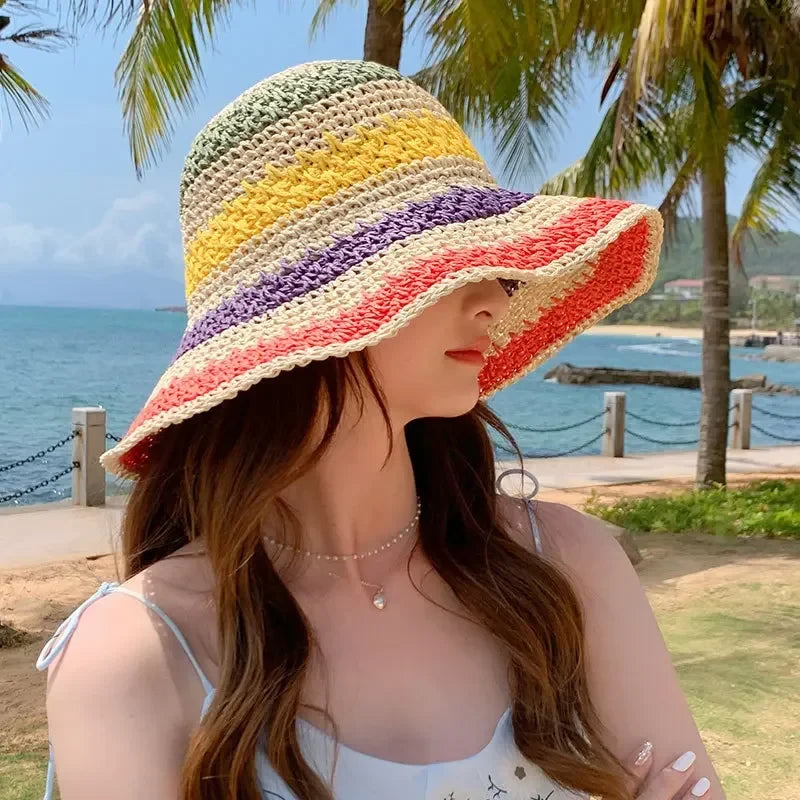 Rainbow Straw Hat Woman Sun Visor Handmade Crochet Big Brim Bucket Hat Ladies Beach Sun Cap Boho Caps
