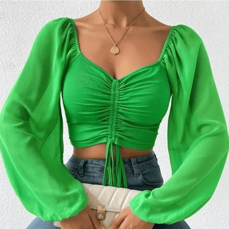 Women Mesh Lantern Sleeves Drawstring Wrap Chest Bare Midriff T Shirt Women Long Sleeves Bottoming