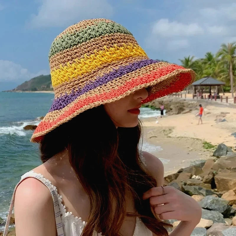 Rainbow Straw Hat Woman Sun Visor Handmade Crochet Big Brim Bucket Hat Ladies Beach Sun Cap Boho Caps
