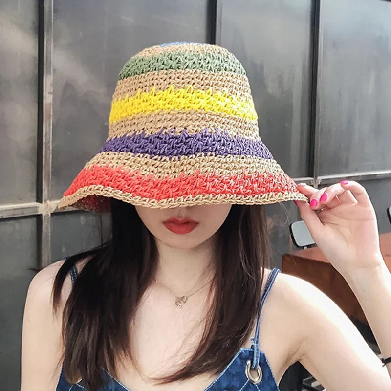 Rainbow Straw Hat Woman Sun Visor Handmade Crochet Big Brim Bucket Hat Ladies Beach Sun Cap Boho Caps