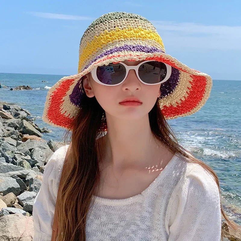 Rainbow Straw Hat Woman Sun Visor Handmade Crochet Big Brim Bucket Hat Ladies Beach Sun Cap Boho Caps