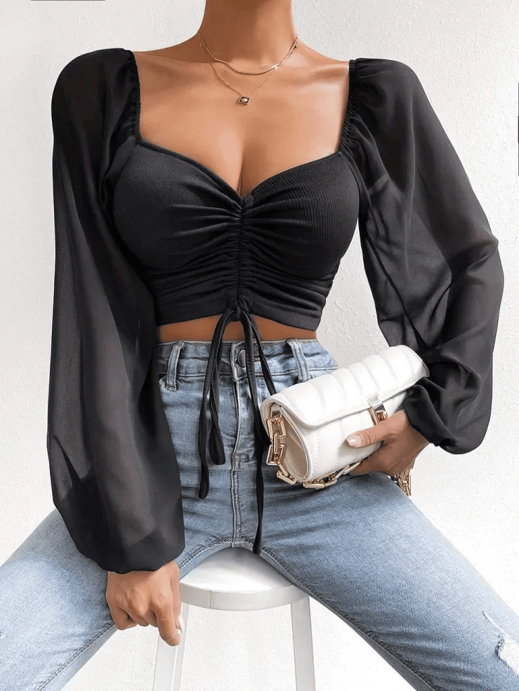 Women Mesh Lantern Sleeves Drawstring Wrap Chest Bare Midriff T Shirt Women Long Sleeves Bottoming