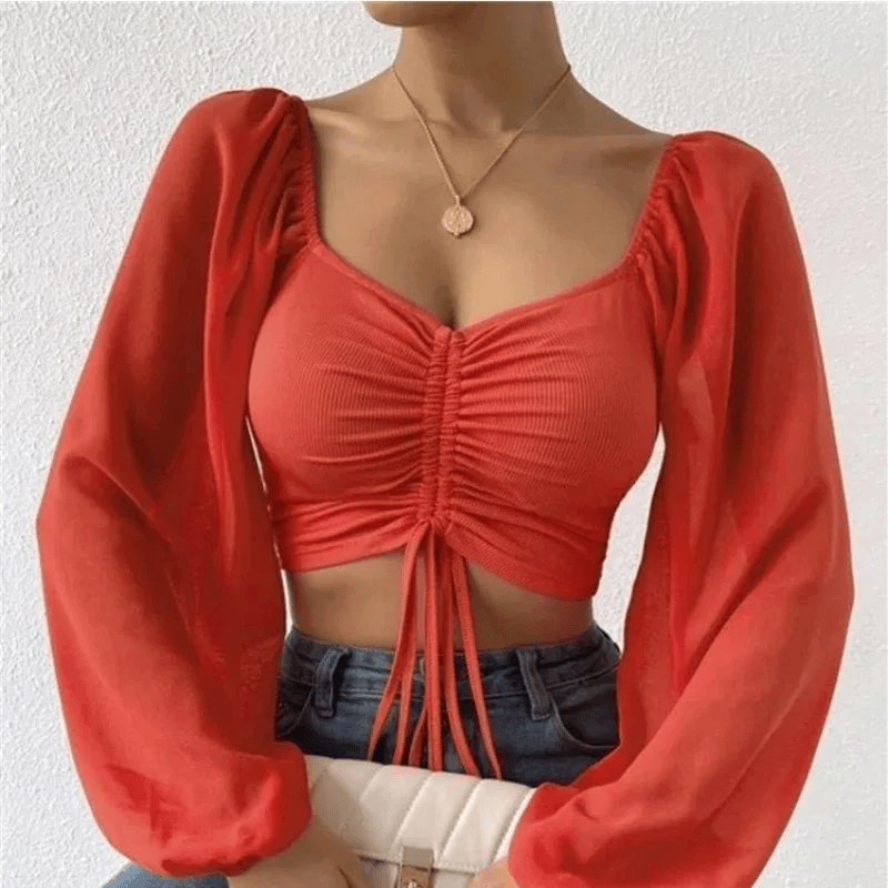Women Mesh Lantern Sleeves Drawstring Wrap Chest Bare Midriff T Shirt Women Long Sleeves Bottoming