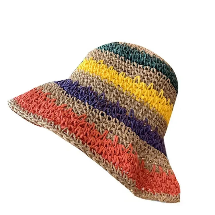 Rainbow Straw Hat Woman Sun Visor Handmade Crochet Big Brim Bucket Hat Ladies Beach Sun Cap Boho Caps