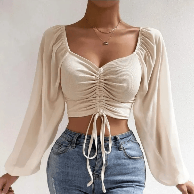 Women Mesh Lantern Sleeves Drawstring Wrap Chest Bare Midriff T Shirt Women Long Sleeves Bottoming