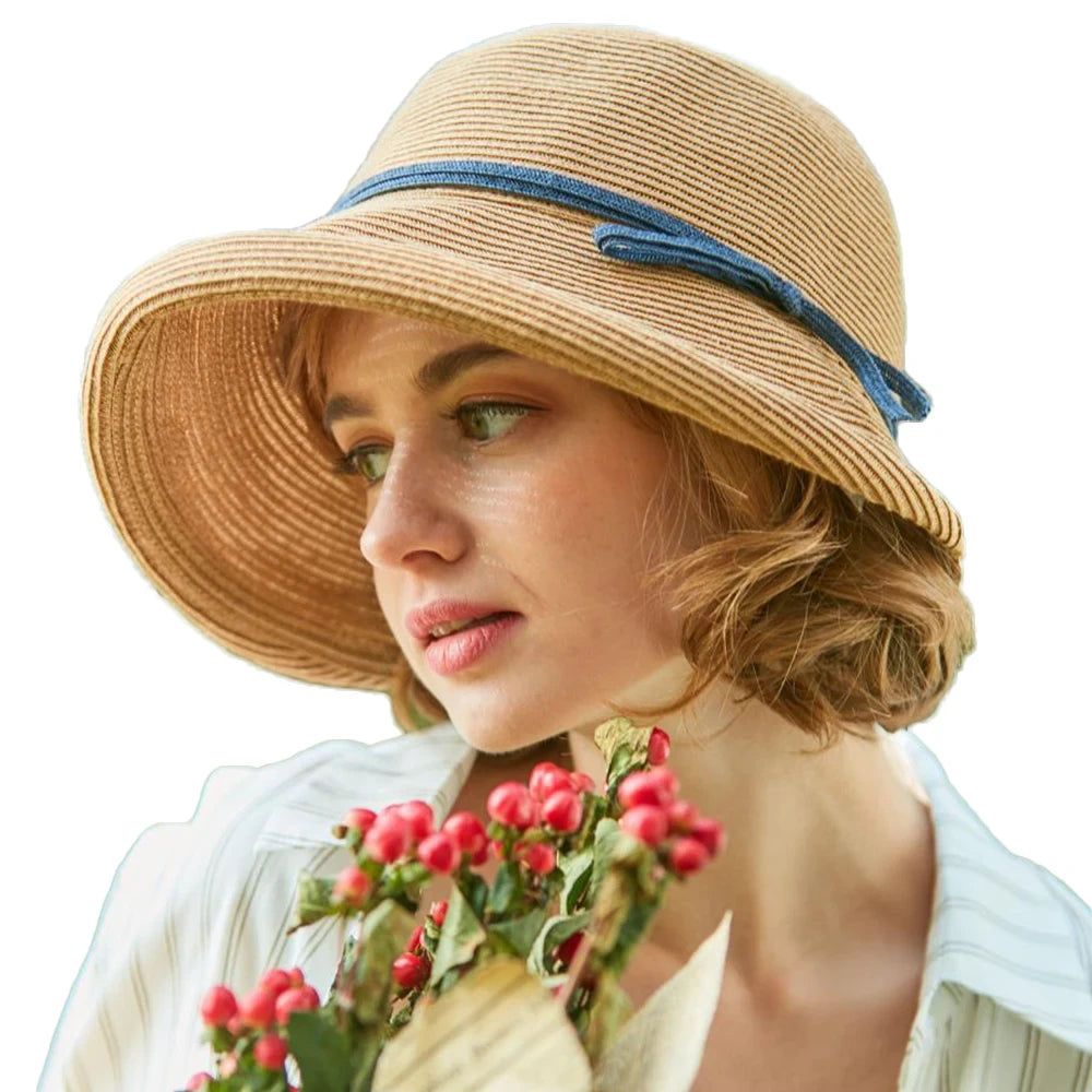 Straw Bonnet Cap for Women Victorian Sun Hats Chin Strap Foldable Accessories Bucket Hat Fedoras For Beach