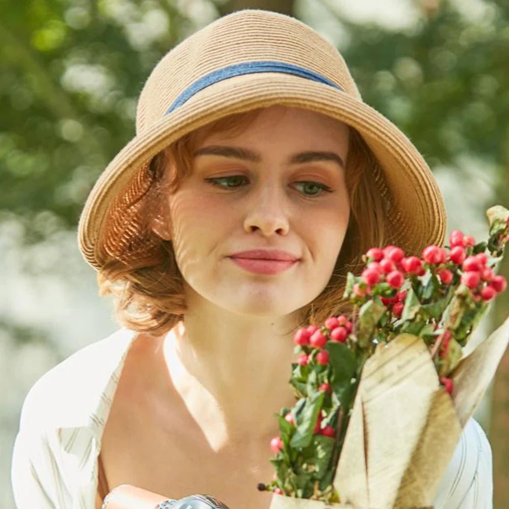 Straw Bonnet Cap for Women Victorian Sun Hats Chin Strap Foldable Accessories Bucket Hat Fedoras For Beach