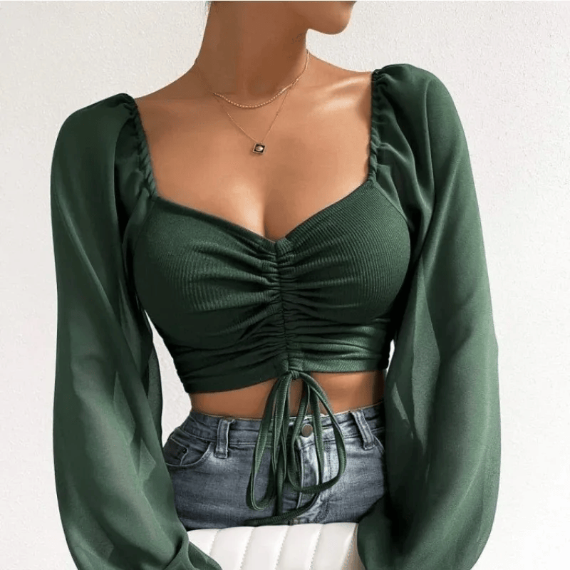 Women Mesh Lantern Sleeves Drawstring Wrap Chest Bare Midriff T Shirt Women Long Sleeves Bottoming