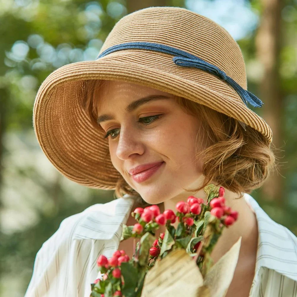 Straw Bonnet Cap for Women Victorian Sun Hats Chin Strap Foldable Accessories Bucket Hat Fedoras For Beach