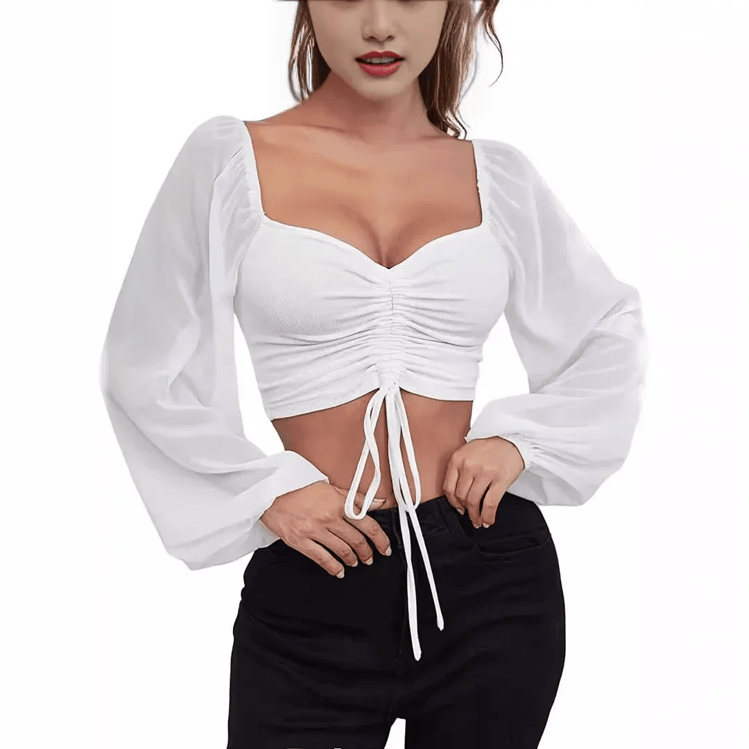 Women Mesh Lantern Sleeves Drawstring Wrap Chest Bare Midriff T Shirt Women Long Sleeves Bottoming