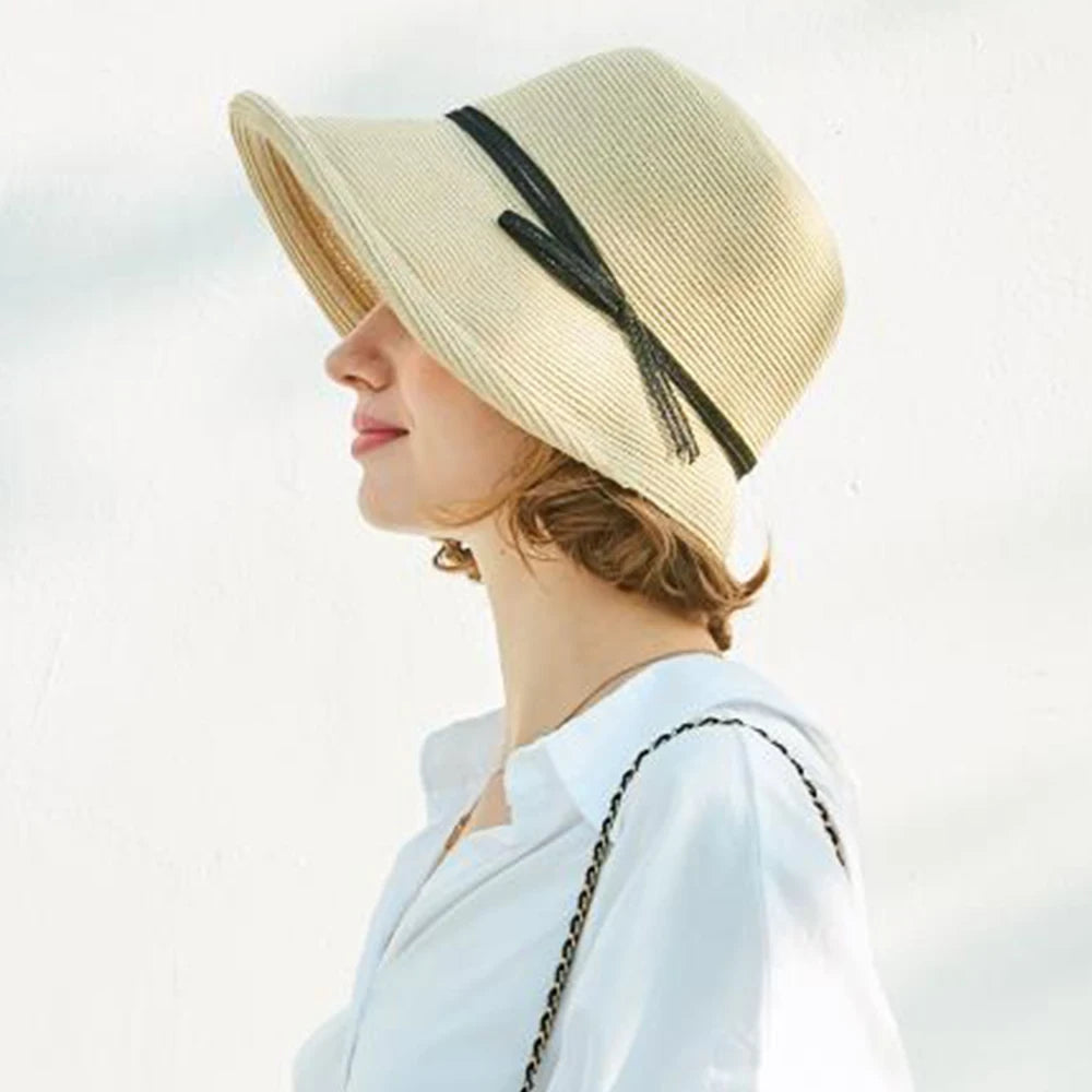 Straw Bonnet Cap for Women Victorian Sun Hats Chin Strap Foldable Accessories Bucket Hat Fedoras For Beach