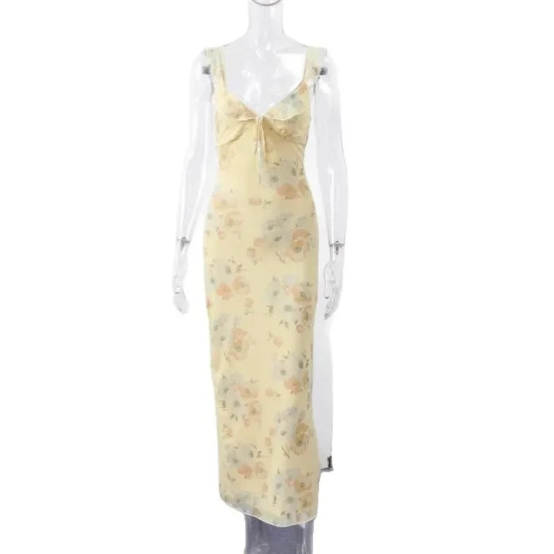 Flower Women's Low-cut Dress Sleeveless Backless Slim Sling Dresses Beach Vacation