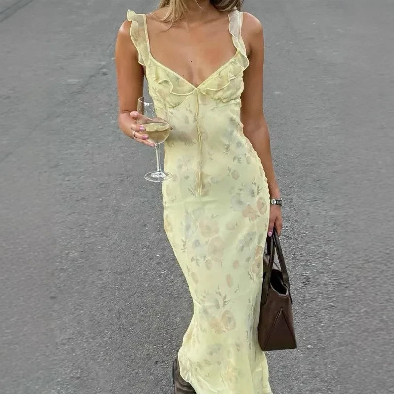 Flower Women's Low-cut Dress Sleeveless Backless Slim Sling Dresses Beach Vacation