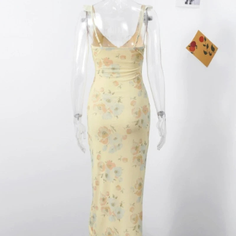 Flower Women's Low-cut Dress Sleeveless Backless Slim Sling Dresses Beach Vacation
