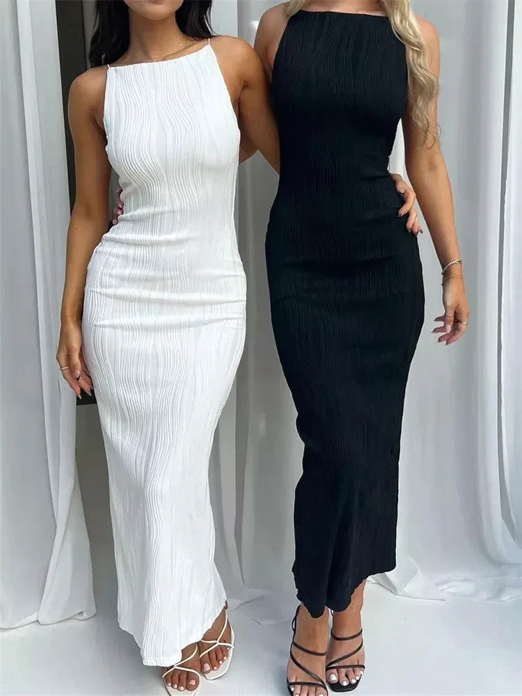 Women Long Dress Ruched Sleeveless Slim Solid Party Back Split Dress Clubwear Female Vestido Outfits