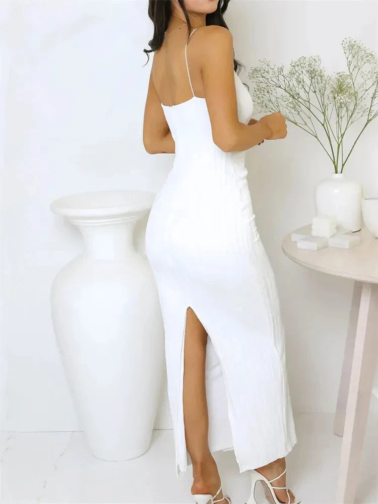 Women Long Dress Ruched Sleeveless Slim Solid Party Back Split Dress Clubwear Female Vestido Outfits