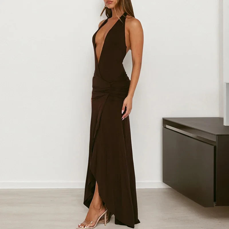 Women Deep V-neck Lace Up Long Dress Solid Ruffle Irregular Party Dress Sleeveless Backless Hollow Maxi Dress