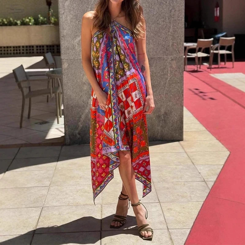 Halter Backless Hollow Boho Dress Loose Satin Woman Party Dress Ethnic Retro Long Dresses