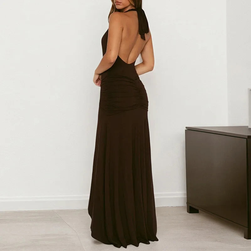 Women Deep V-neck Lace Up Long Dress Solid Ruffle Irregular Party Dress Sleeveless Backless Hollow Maxi Dress