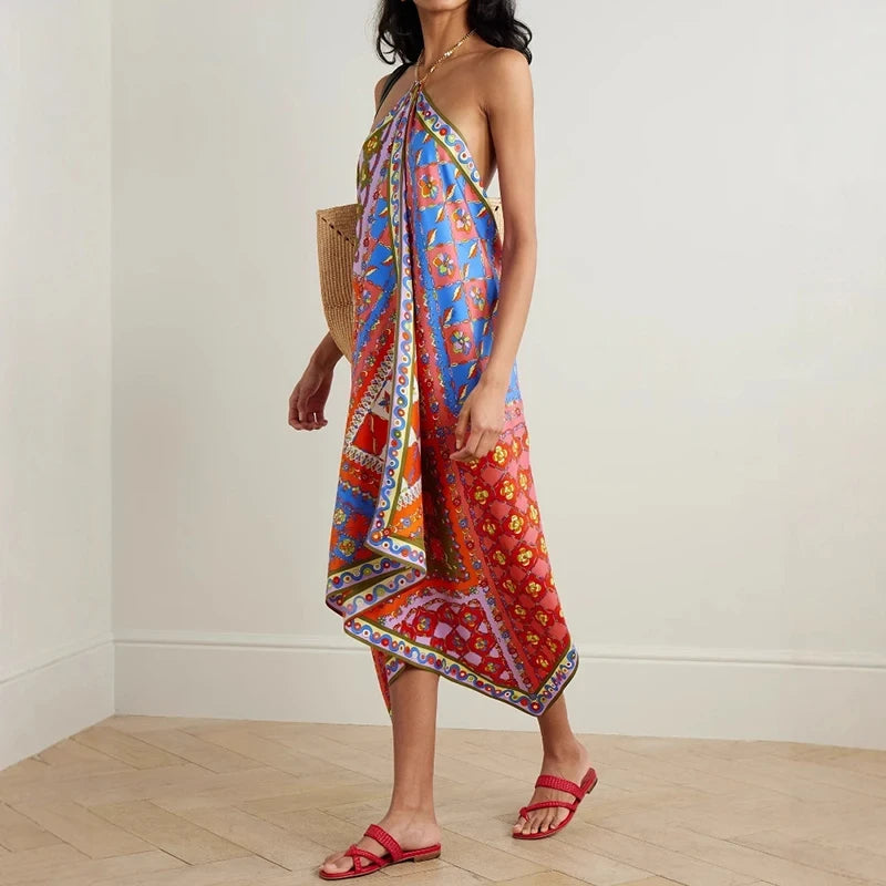 Halter Backless Hollow Boho Dress Loose Satin Woman Party Dress Ethnic Retro Long Dresses