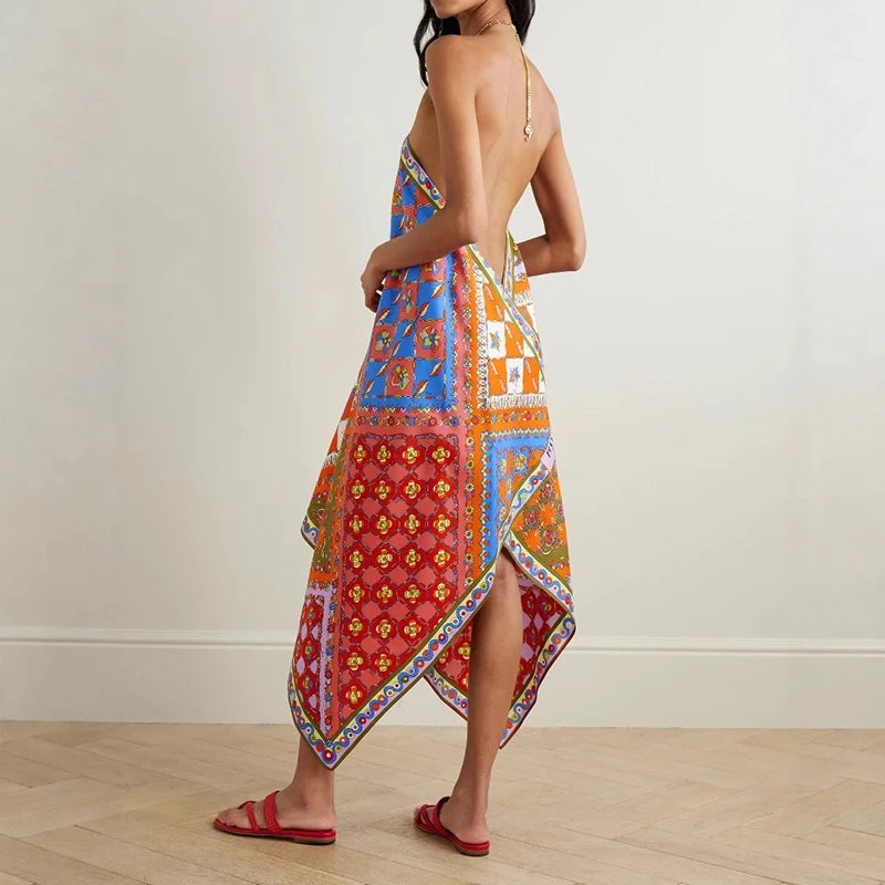Halter Backless Hollow Boho Dress Loose Satin Woman Party Dress Ethnic Retro Long Dresses