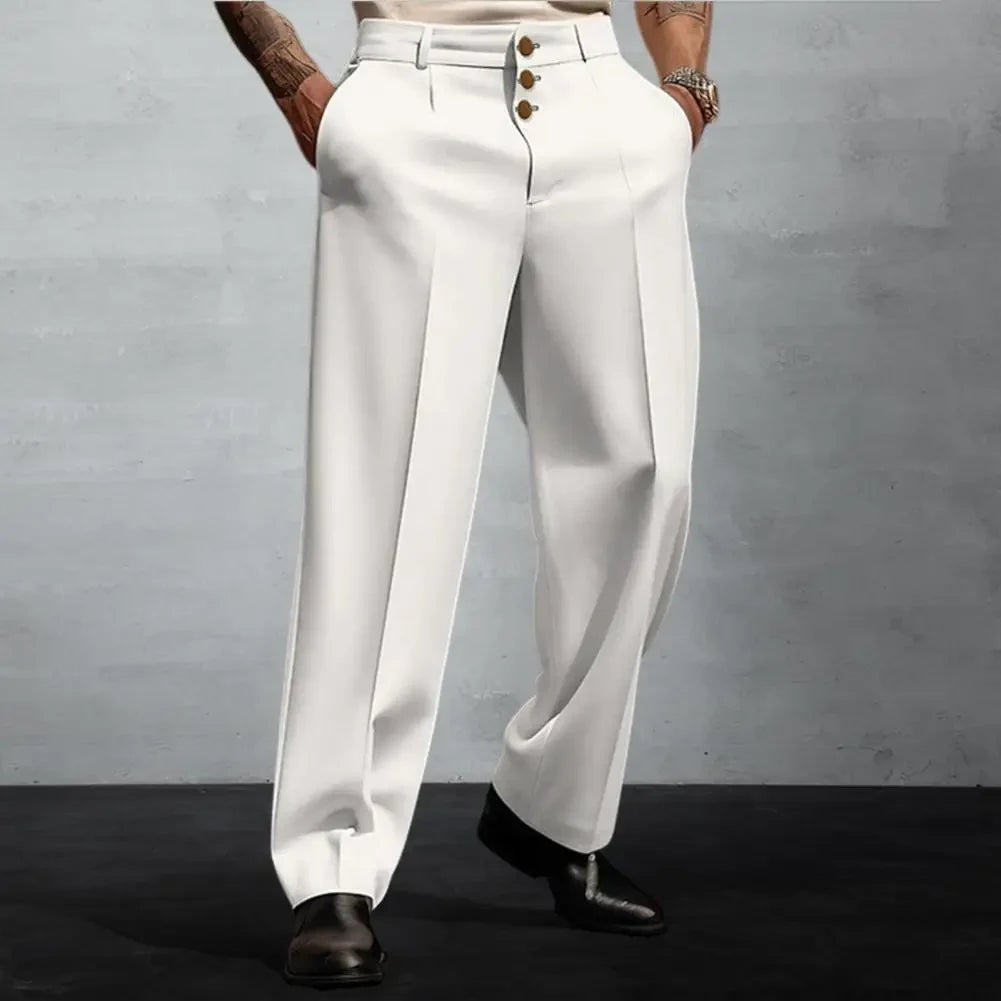Men Pants Elegant Men's Business Suit Pants with Straight Loose Fit Soft Pockets Button Closure Mid Waist Formal