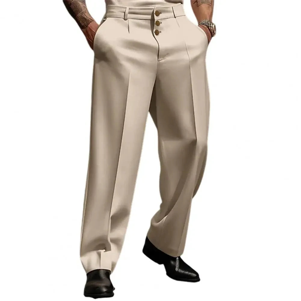 Men Pants Elegant Men's Business Suit Pants with Straight Loose Fit Soft Pockets Button Closure Mid Waist Formal