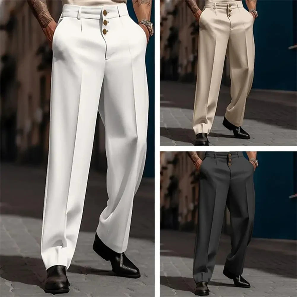 Men Pants Elegant Men's Business Suit Pants with Straight Loose Fit Soft Pockets Button Closure Mid Waist Formal