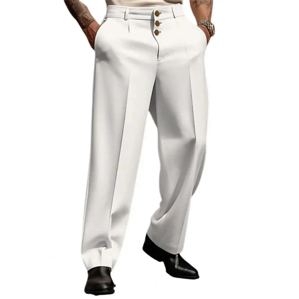 Men Pants Elegant Men's Business Suit Pants with Straight Loose Fit Soft Pockets Button Closure Mid Waist Formal