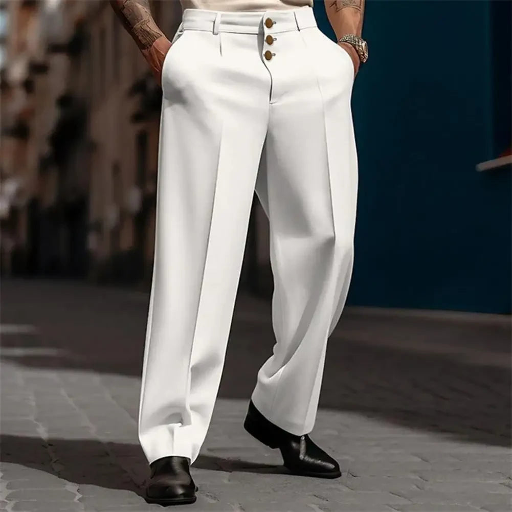 Men Pants Elegant Men's Business Suit Pants with Straight Loose Fit Soft Pockets Button Closure Mid Waist Formal