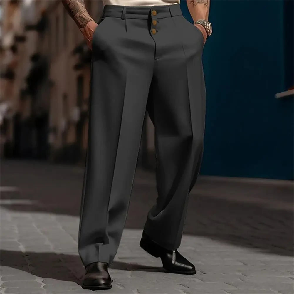 Men Pants Elegant Men's Business Suit Pants with Straight Loose Fit Soft Pockets Button Closure Mid Waist Formal