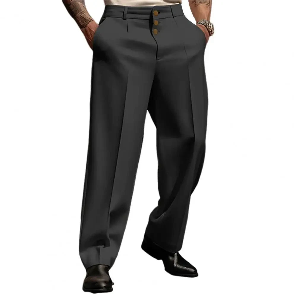 Men Pants Elegant Men's Business Suit Pants with Straight Loose Fit Soft Pockets Button Closure Mid Waist Formal