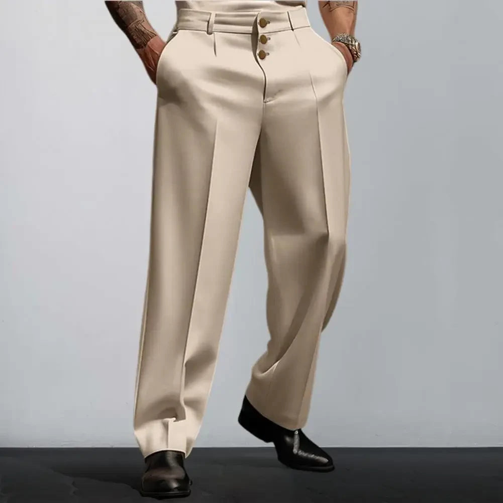 Men Pants Elegant Men's Business Suit Pants with Straight Loose Fit Soft Pockets Button Closure Mid Waist Formal