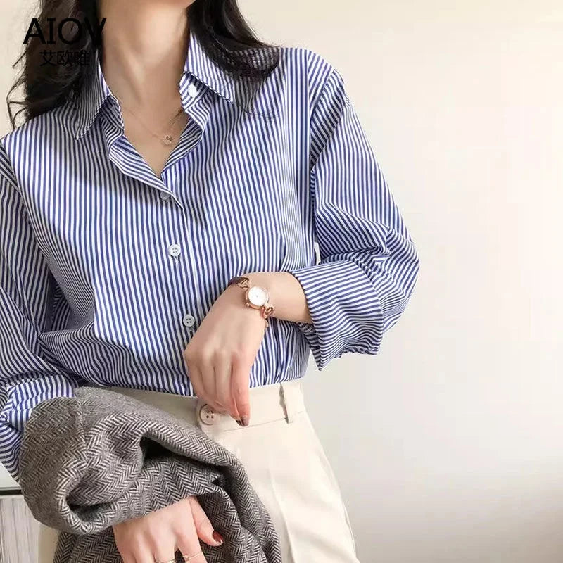 Classic Striped Woman Blouses Shirt Long Lantern Sleeve Stand Collar Loose Blusas Tops