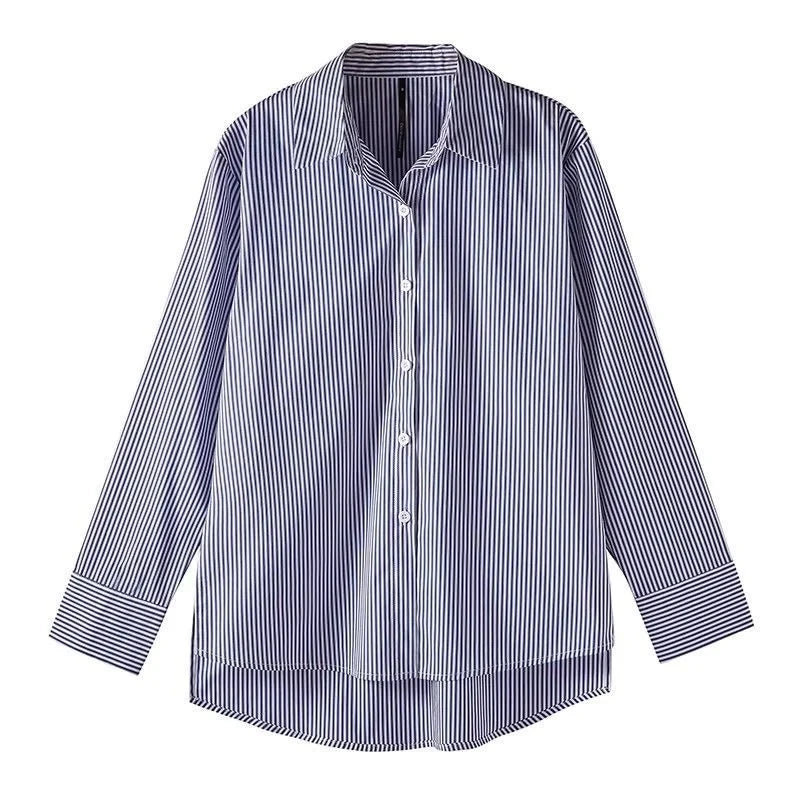Classic Striped Woman Blouses Shirt Long Lantern Sleeve Stand Collar Loose Blusas Tops