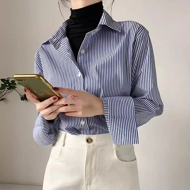 Classic Striped Woman Blouses Shirt Long Lantern Sleeve Stand Collar Loose Blusas Tops