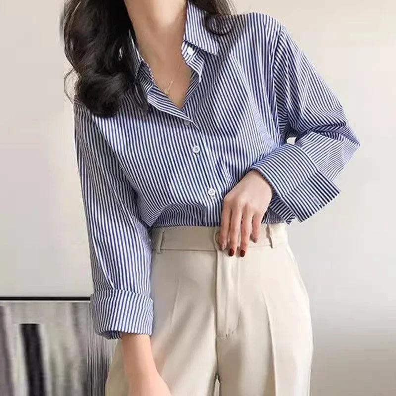 Classic Striped Woman Blouses Shirt Long Lantern Sleeve Stand Collar Loose Blusas Tops