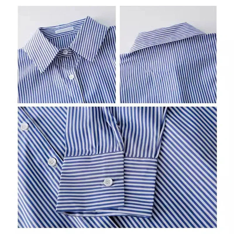 Classic Striped Woman Blouses Shirt Long Lantern Sleeve Stand Collar Loose Blusas Tops