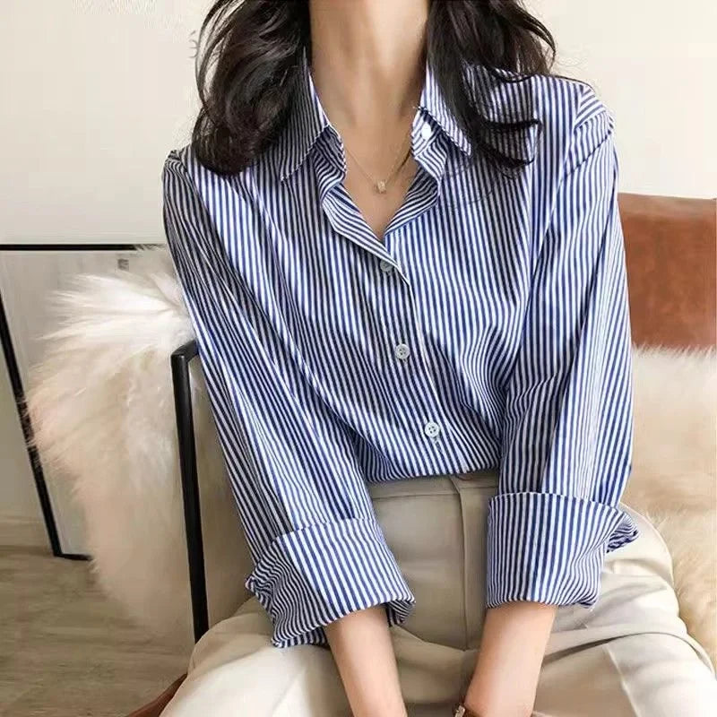 Classic Striped Woman Blouses Shirt Long Lantern Sleeve Stand Collar Loose Blusas Tops