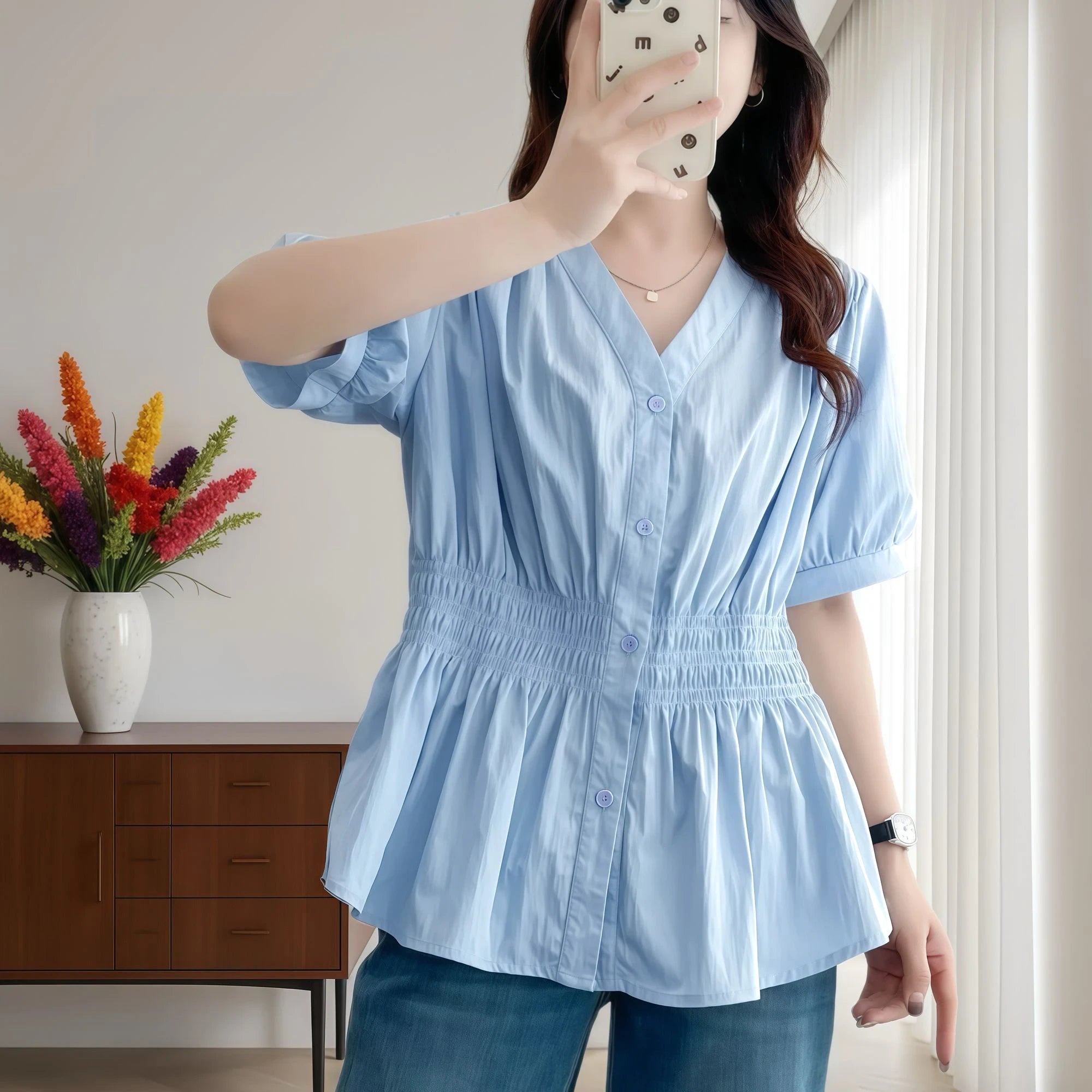 Shirt And Blouse Short Sleeve Solid Top Women's Clothes Simple V-neck