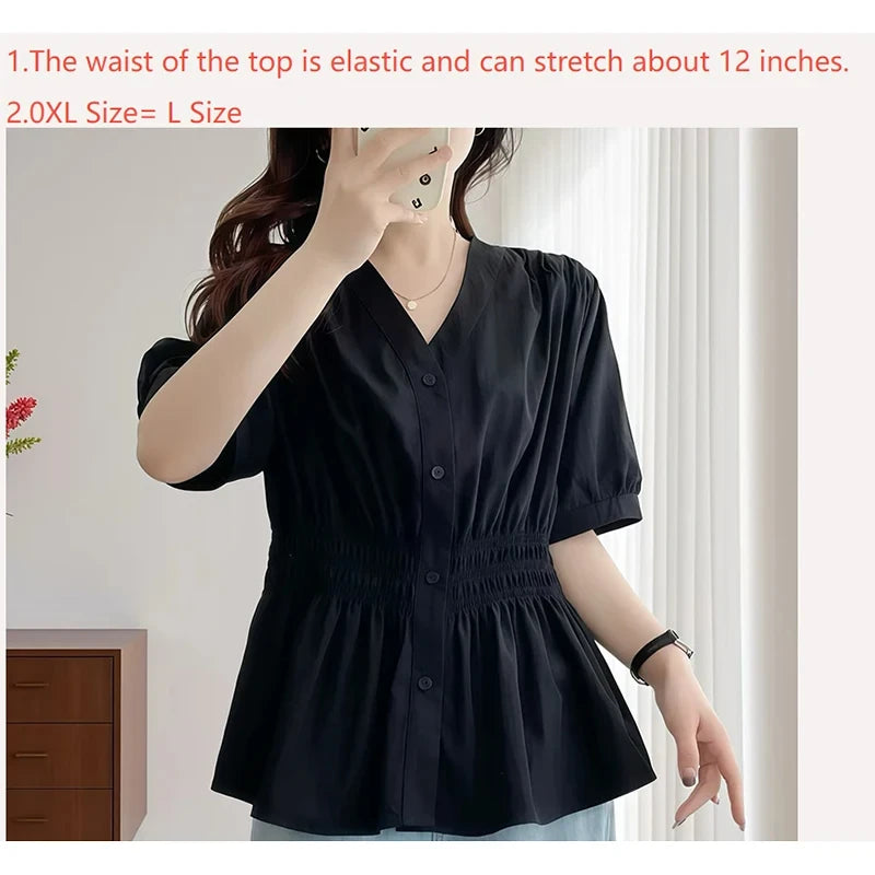 Shirt And Blouse Short Sleeve Solid Top Women's Clothes Simple V-neck