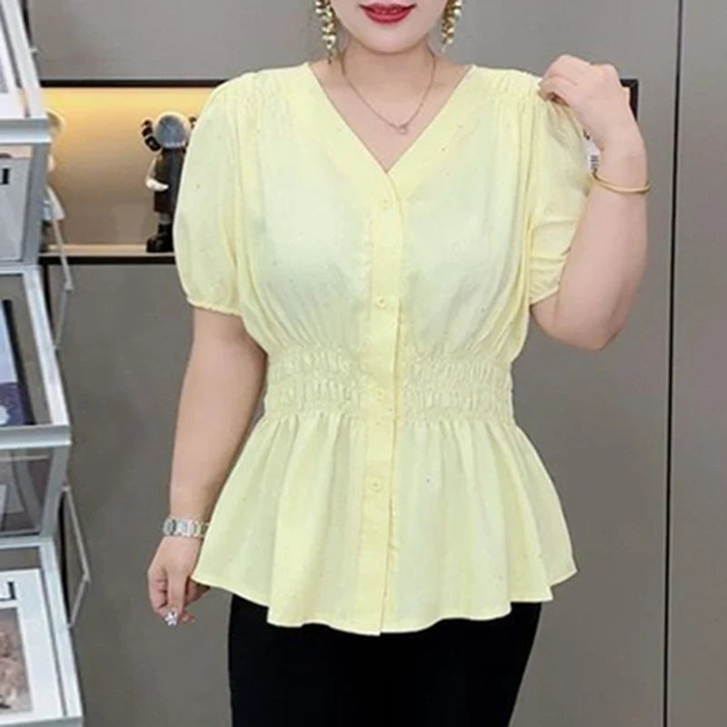 Shirt And Blouse Short Sleeve Solid Top Women's Clothes Simple V-neck