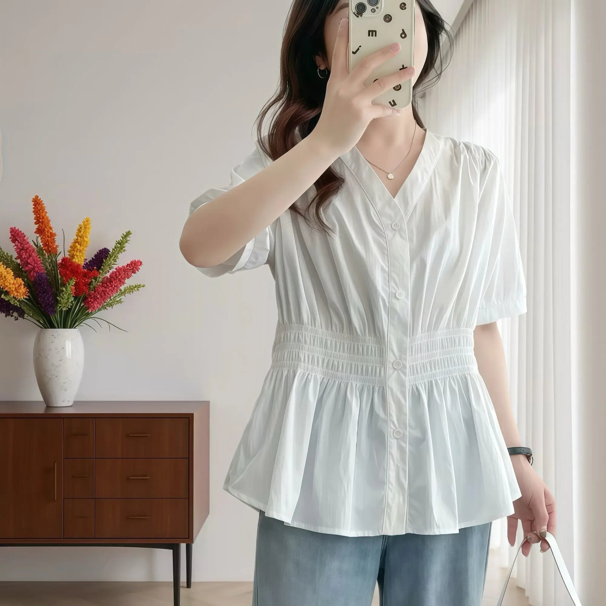 Shirt And Blouse Short Sleeve Solid Top Women's Clothes Simple V-neck