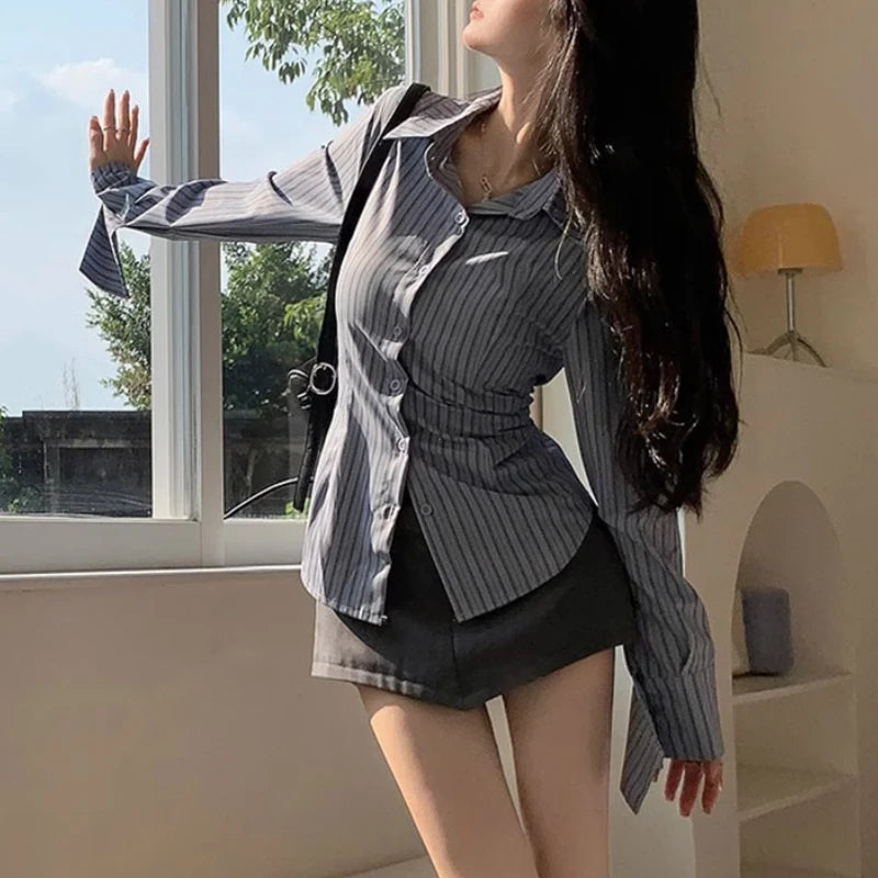 Long Sleeve Shirt Jacket Women's Waist Cinching Slimming Top Women Clothing