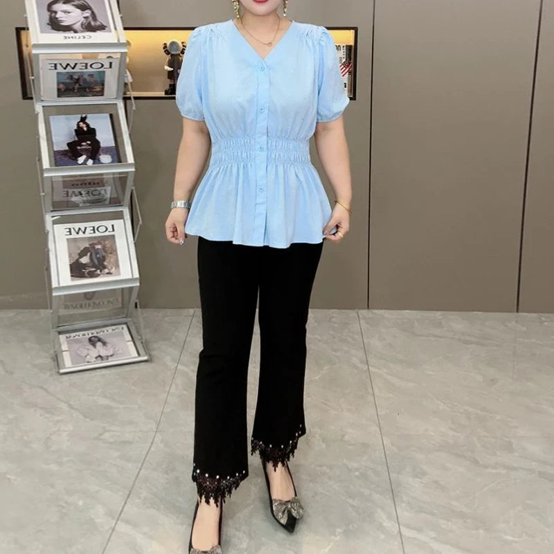 Shirt And Blouse Short Sleeve Solid Top Women's Clothes Simple V-neck